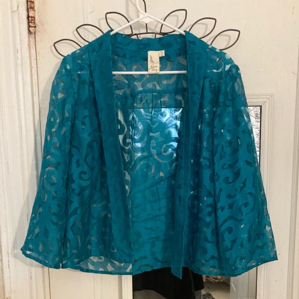 Sheer turquoise jacket.